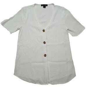 Something Navy Top Womens Small White Button Up Short Sleeve‎ V Neck Viscose